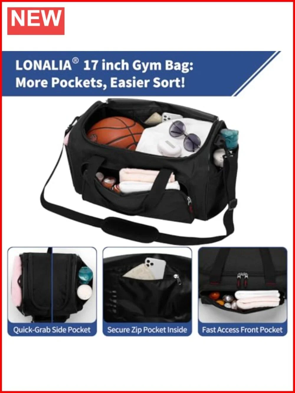 30L Gym Sport Duffle Bag - 17 inch Carry on Weekender Overnight Bag for Travel